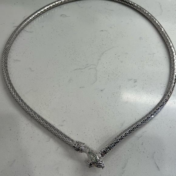 Vintage Silver Mesh Snake Necklace/Belt Crystals Eyes Head Designer 38” - Picture 6 of 10
